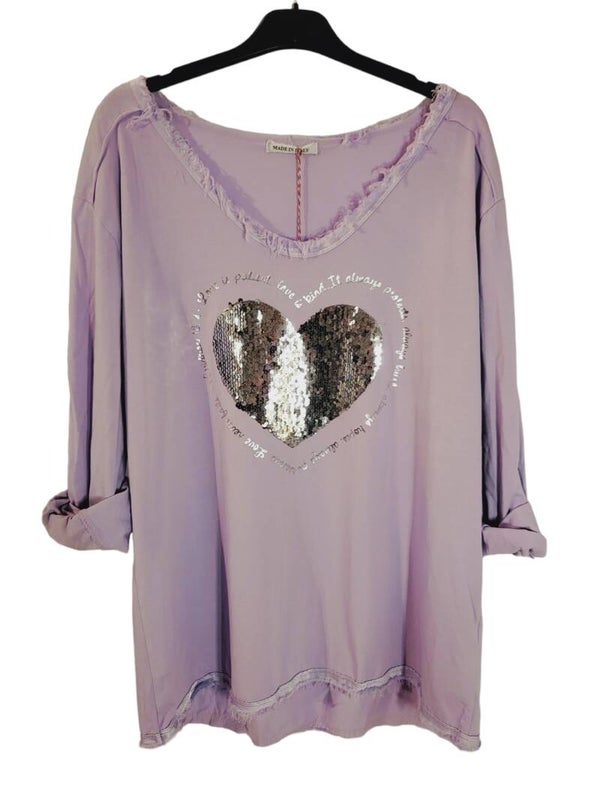 Langarmshirt Paillettenherz lila, Gr. 36 - 40, 1x verfügbar