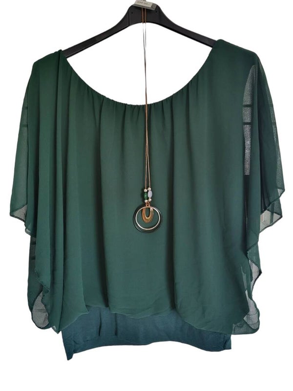 Fledermaus-Shirt mit Kette dunkelgrün, Gr. 38 - 46, 1x verfügbar