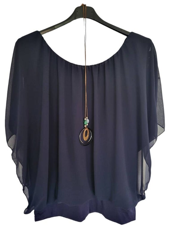 Fledermaus-Shirt mit Kette dunkelblau, Gr. 38 - 46, 1x verfügbar