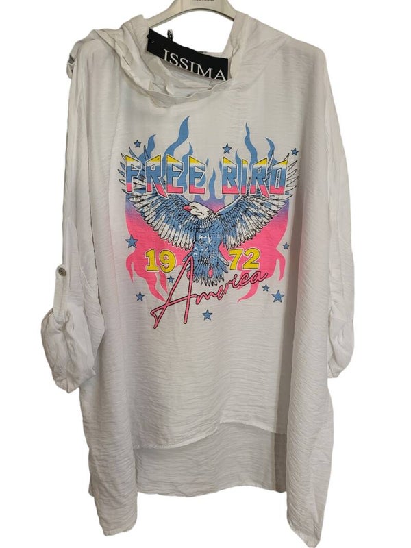 Kaputzenlangarmshirt weiss "Free bird", Gr. 38 - 44, 1x verfügbar