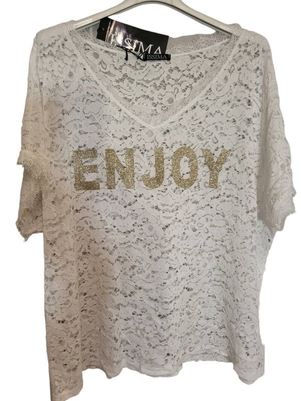 Spitzenshirt weiss "Enjoy", Gr. 38 - 40/42, 1x verfügbar