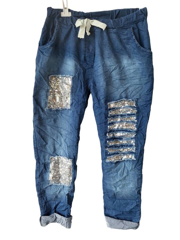 Stretchjeans blau mit Pailletten, Gr. 38 - 40/42, 1x verfügbar
