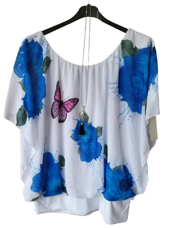 Fledermaus-Shirt Blumen blau mit Kette, Gr. 38 - 46, 2x verfügbar