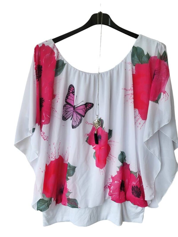 Fledermaus-Shirt Blumen pink mit Kette, Gr. 38 - 46, 1x verfügbar