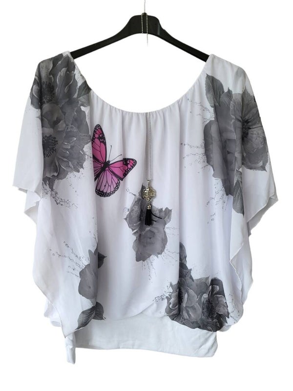 Fledermaus-Shirt Blumen grau mit Kette, Gr. 38 - 46, 2x verfügbar