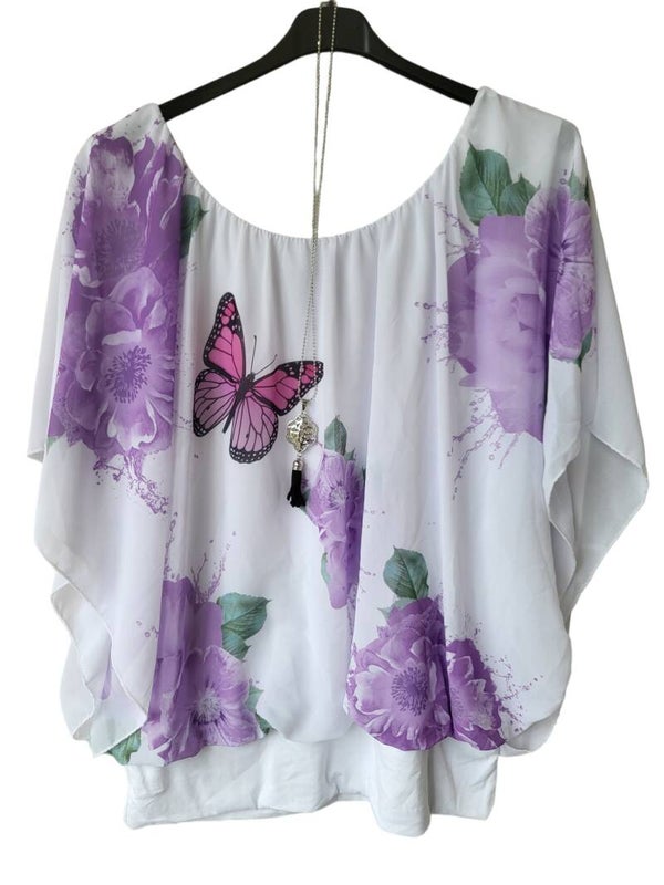 Fledermaus-Shirt Blumen lila mit Kette, Gr. 38 - 46, 1x verfügbar