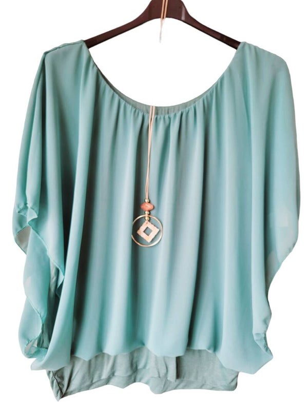 Fledermaus-Shirt dunkelaquamarin mit Kette, Gr. 38 - 46, 1x verfügbar