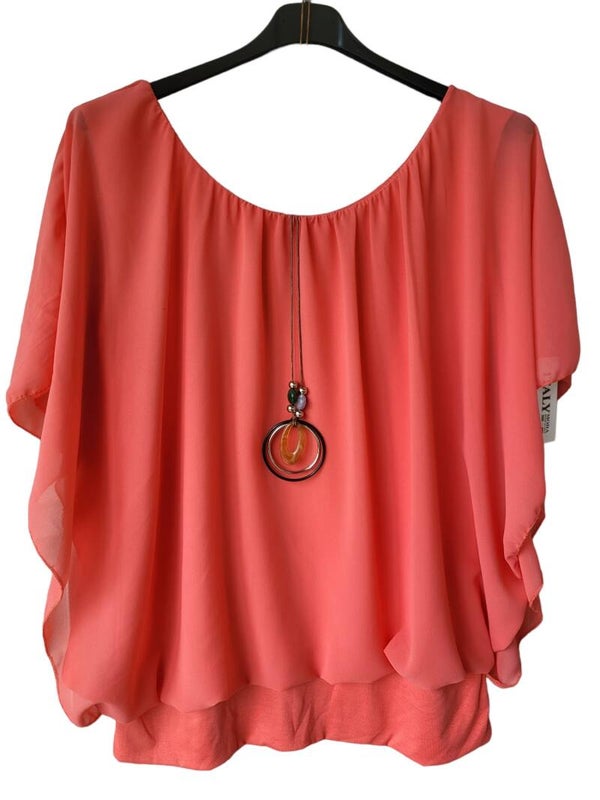 Fledermaus-Shirt koralle mit Kette, Gr. 38 - 46, 1x verfügbar