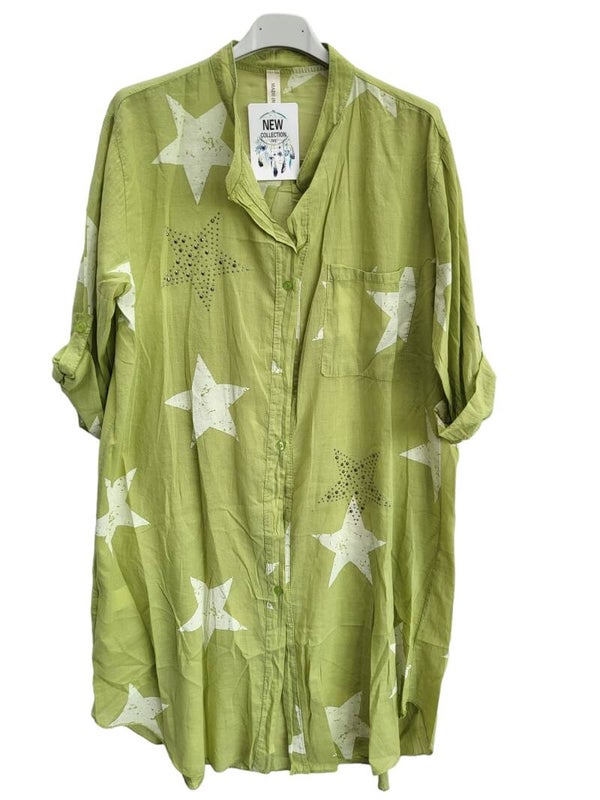 Bluse olivgrün mit Sternen, Gr. 38 - 42, 1x