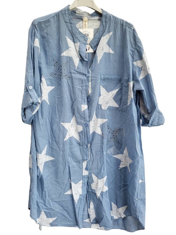 Bluse hellblau mit Sternen, Gr. 38 - 42, 1x