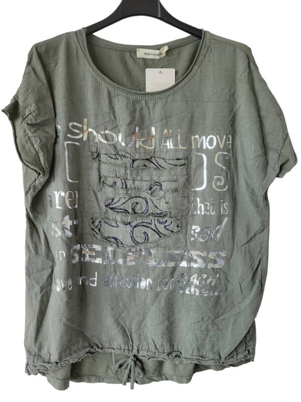 Tshirt khaki mit Schriftzug silber, Gr. 38 - 42, 1x verfügbar
