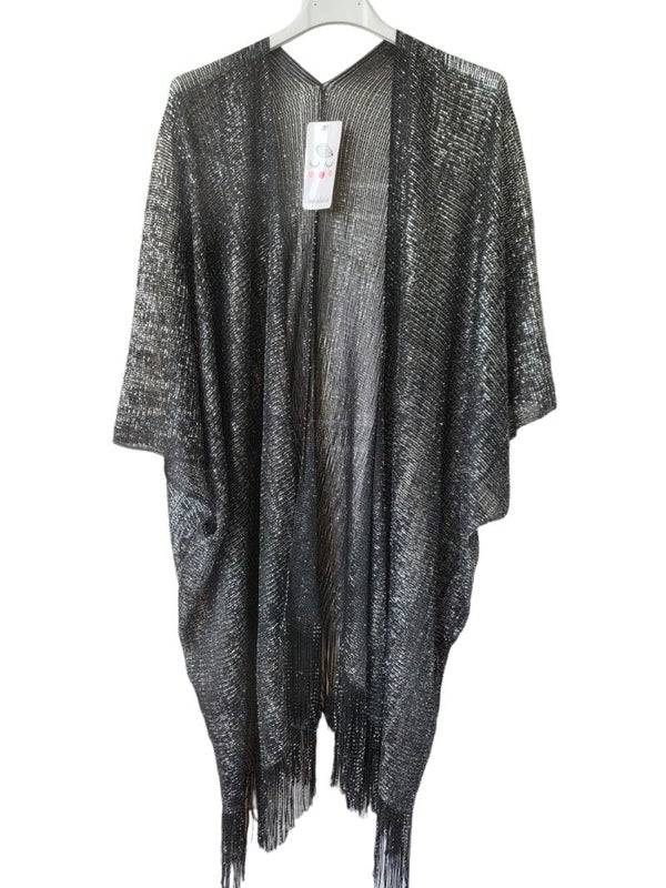 Poncho schwarz/silber mit Fransen, Gr. onesize, 2x verfügbar
