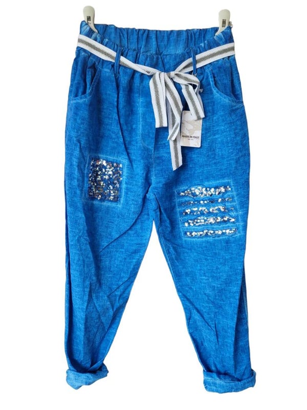 Hose blau mit Pailletten und Gurt, Gr. 40 - 44, 1x verfügbar