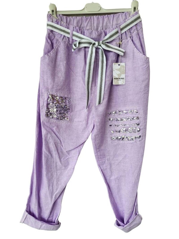 Hose lila mit Pailletten und Gurt, Gr. 40 - 44, 1x verfügbar