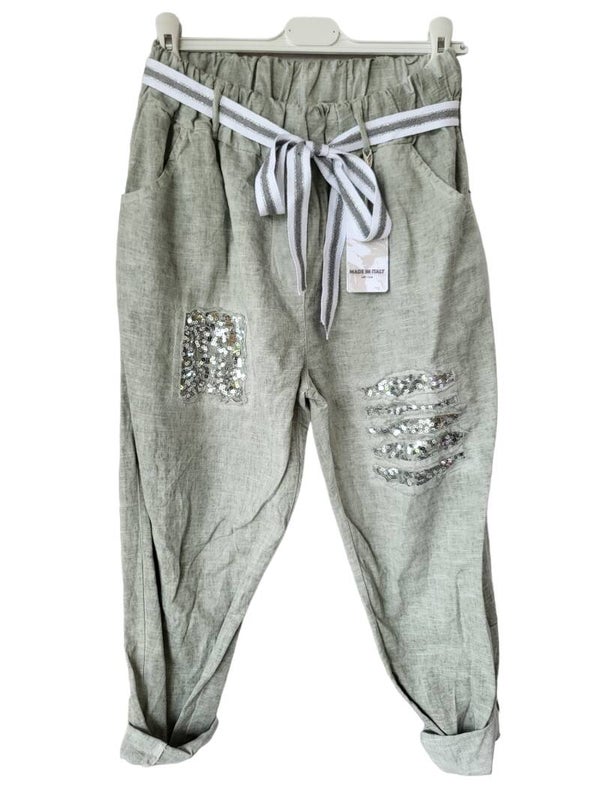 Hose khaki mit Pailletten und Gurt, Gr. 40 - 44, 1x verfügbar