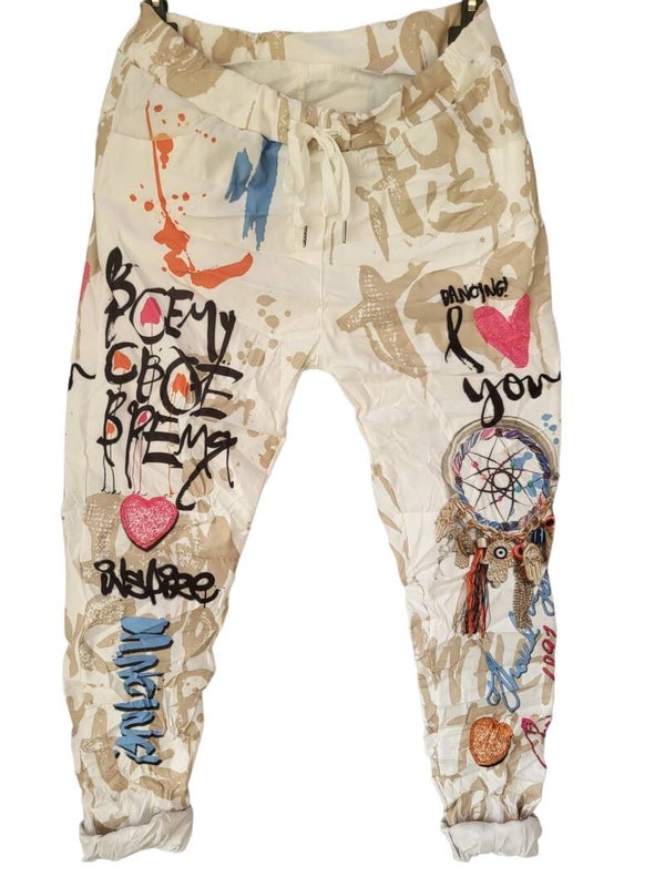 Stretchhose weiss/beige "Traumfänger", Gr. 38 - 42, 1x verfügbar