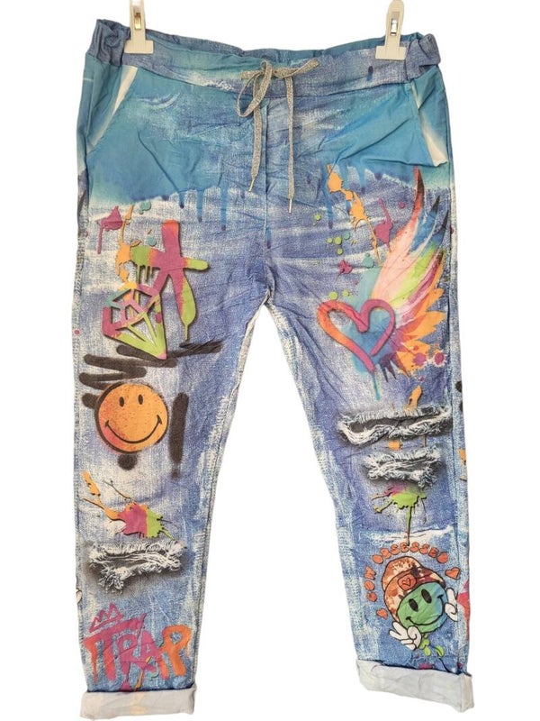 Stretchhose blau/türkis "Graffiti", Gr. 44 - 46/48, 1x verfügbar