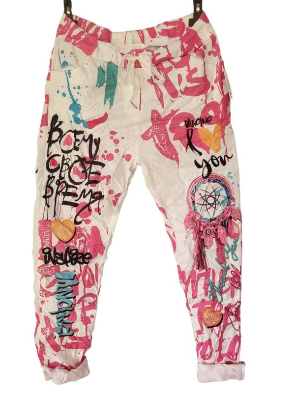 Stretchhose weiss/pink "Traumfänger", Gr. 38 - 42, 1x verfügbar