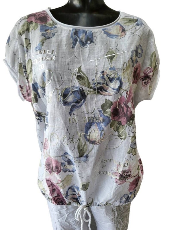 Tshirt weiss "Blumen", Gr. 38 - 42, 1x verfügbar