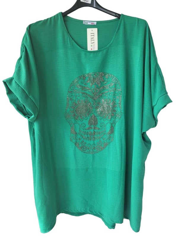 Tshirt grün & lang "Totenkopf", Gr. 38/40 - 42/44 - 1x verfügbar