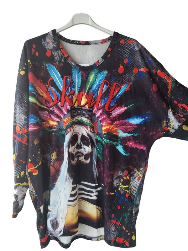Langarmshirt "Skull mit Federn", Gr. 46 - 50, 1x verfügbar