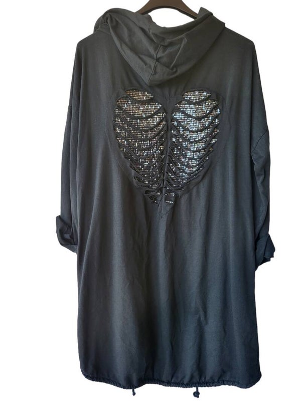 Cardigan schwarz mit Pailletten Herz, Gr. One size (bis 44), 3x verfügbar
