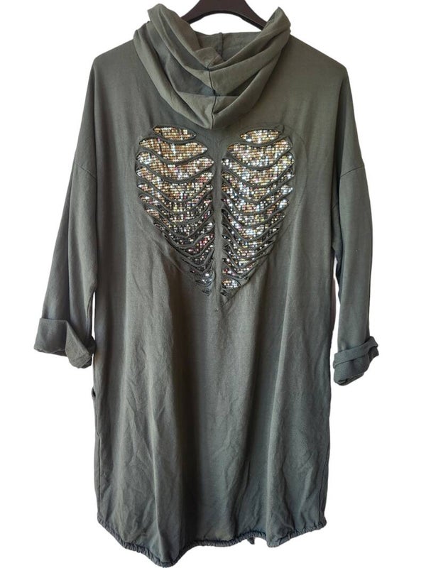 Cardigan oliv mit Pailletten Herz, Gr. One size (bis 44), 3x verfügbar