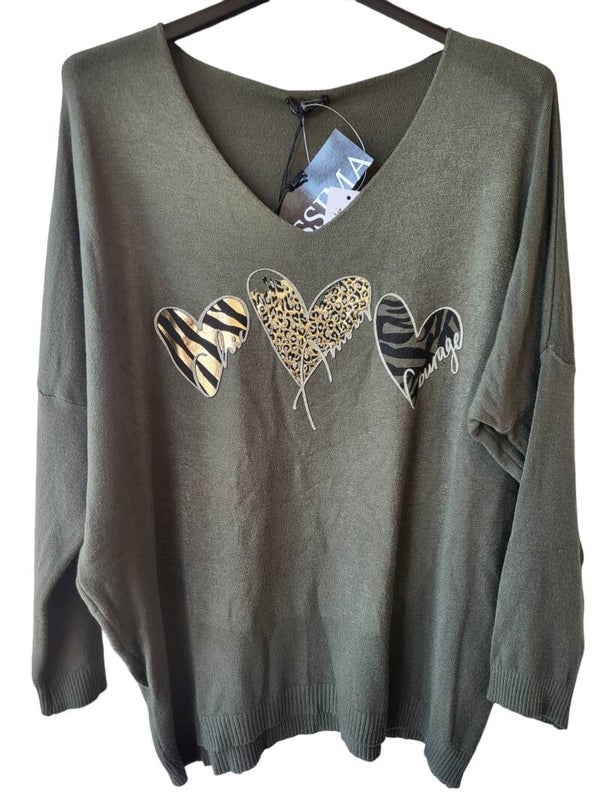 Pullover militär grün "3 Herzen", Gr. 38 - 42, 1x verfügbar