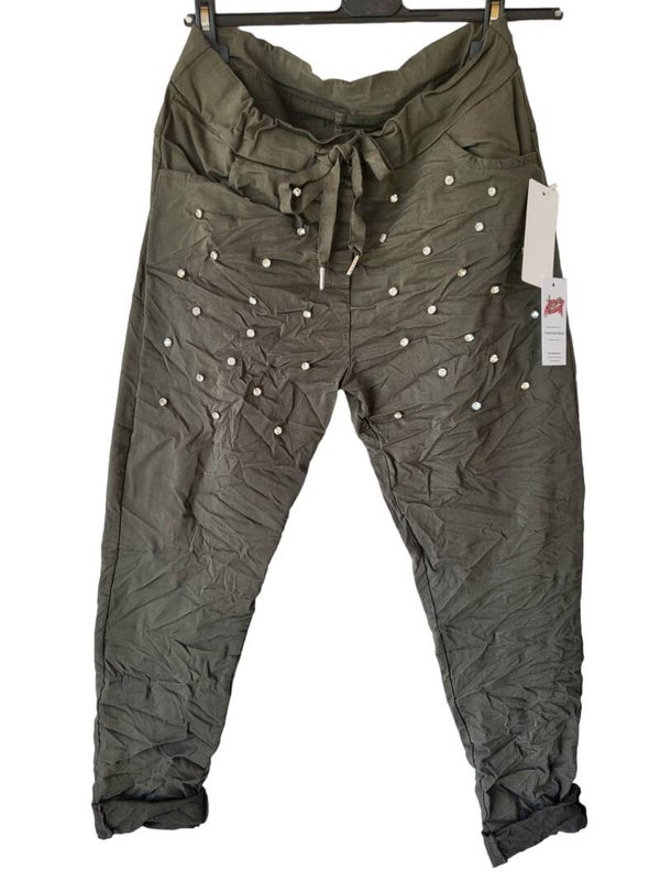 Stretchhose khaki mit Steinchen, Gr. 38 - 42 - 1x verfügbar