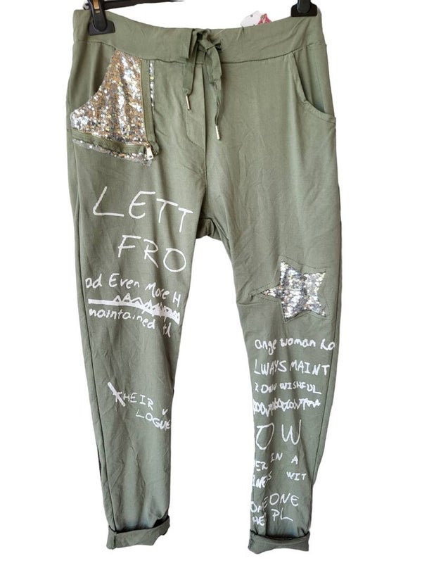 Stretchhosen khaki mit Pailletten "LETFRO", Gr. 38 - 42 - 1x verfügbar