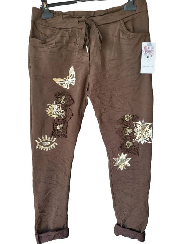 Stretchhose braun mit Schmetterlingen goldig, Gr. 38 - 42, 1x verfügbar