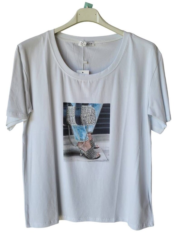 Tshirt weiss mit bling bling "Highheels & Tasche", Gr. 38 - 42, 1x verfügbar