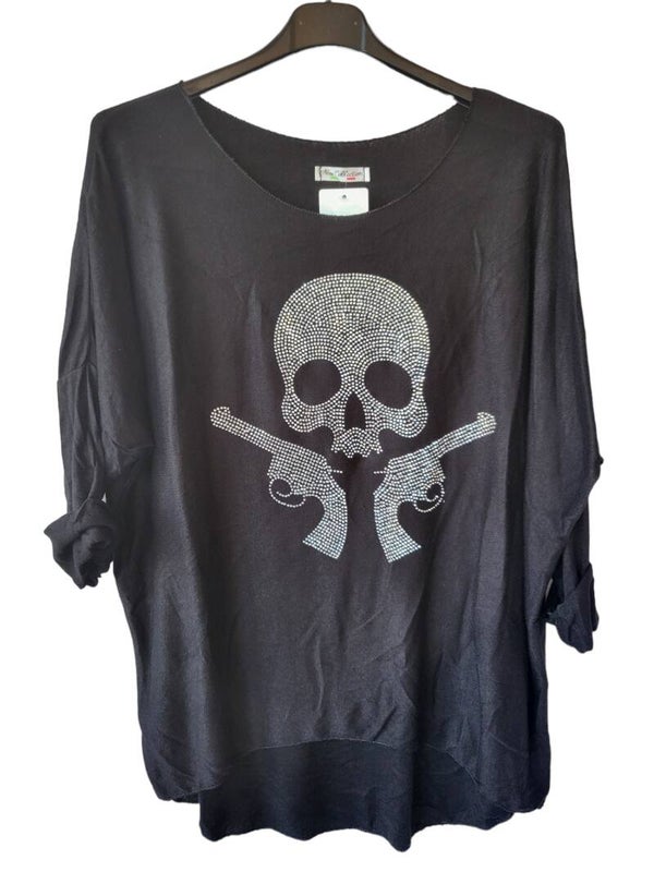 Pullover schwarz "Totenkopf mit Pistole", Gr. 38 - 42, 1x verfügbar