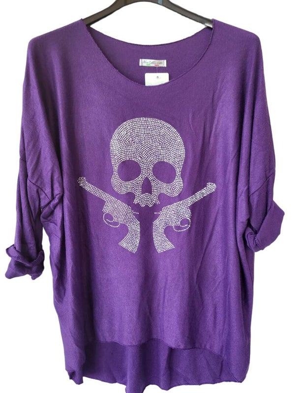 Pullover violett "Totenkopf mit Pistole", Gr. 38 - 42, 1x verfügbar
