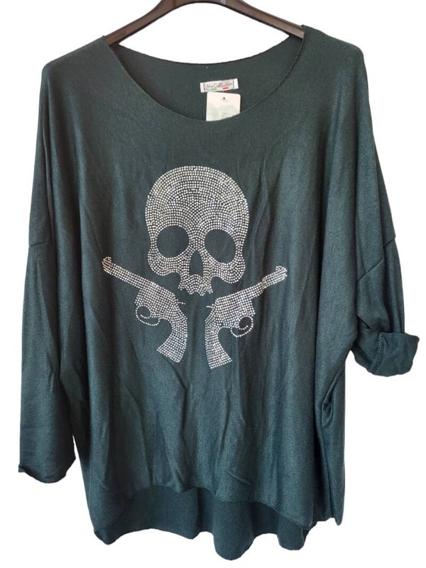 Pullover grün "Totenkopf mit Pistole", Gr. 38 - 42, 1x verfügbar