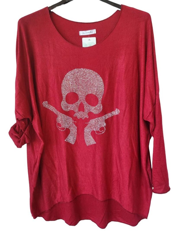 Pullover rot "Totenkopf mit Pistole", Gr. 38 - 42, 1x verfügbar