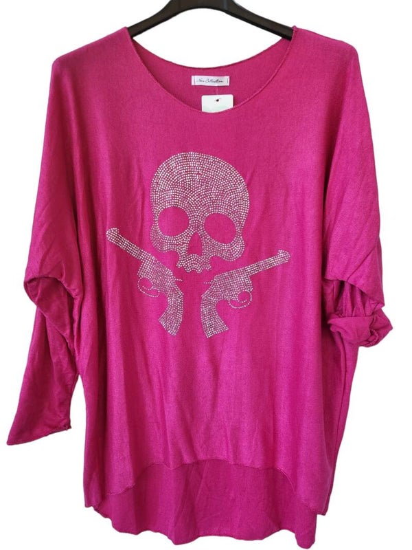Pullover pink "Totenkopf mit Pistole", Gr. 38 - 42, 1x verfügbar
