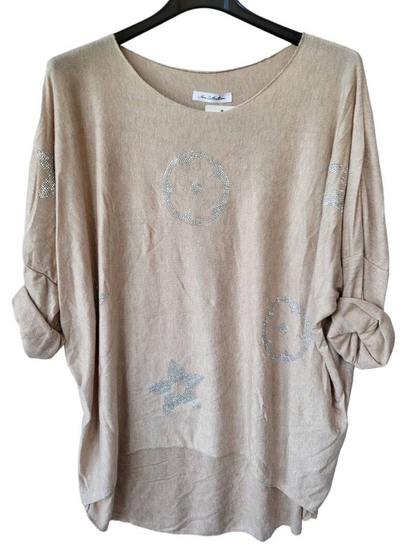 Pullover beige "Blume & Stern", Gr. 38 - 42, 1x verfügbar