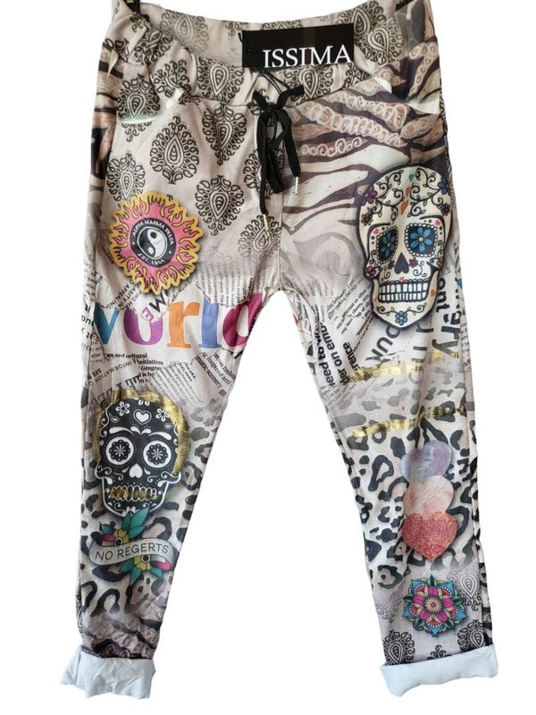 Stretchhose Velours "Yin Yang & Totenkopf" (ISSIMA), Gr. 38 - 40/42, 1x verfügbar