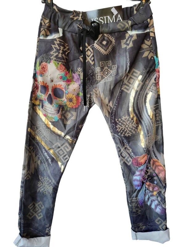 Stretchhose Velours "Totenkopf & Federn" (ISSIMA), Gr. 38 - 40/42, 1x verfügbar