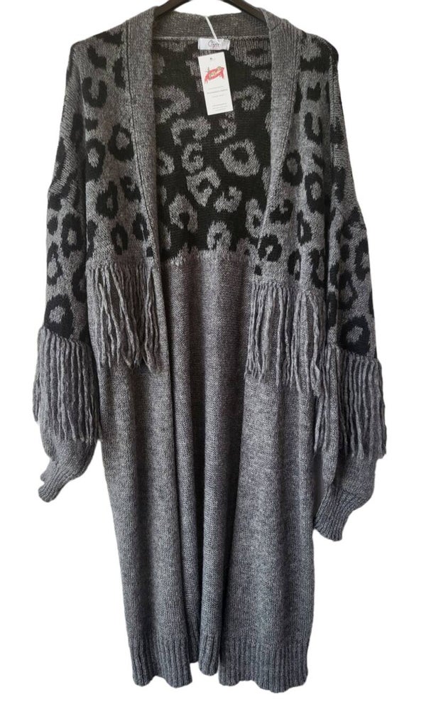 Cardigan grau/schwarz leo "Fransen" - 1x verfügbar