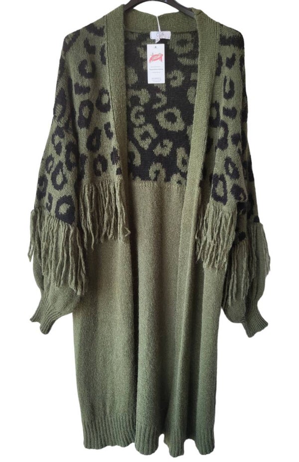 Cardigan khaki/schwarz leo "Fransen" - 1x verfügbar