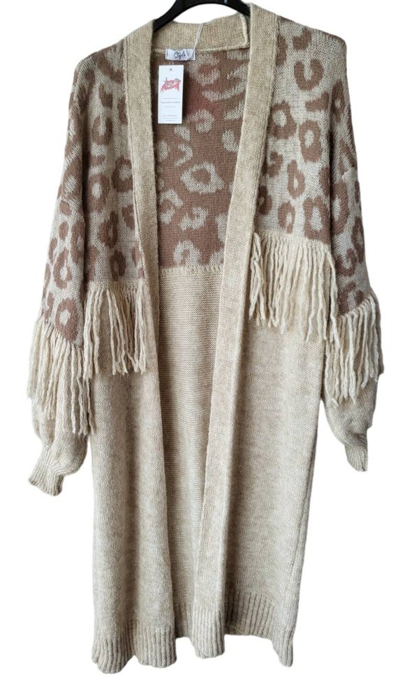 Cardigan beige/cammel leo "Fransen" - 1x verfügbar