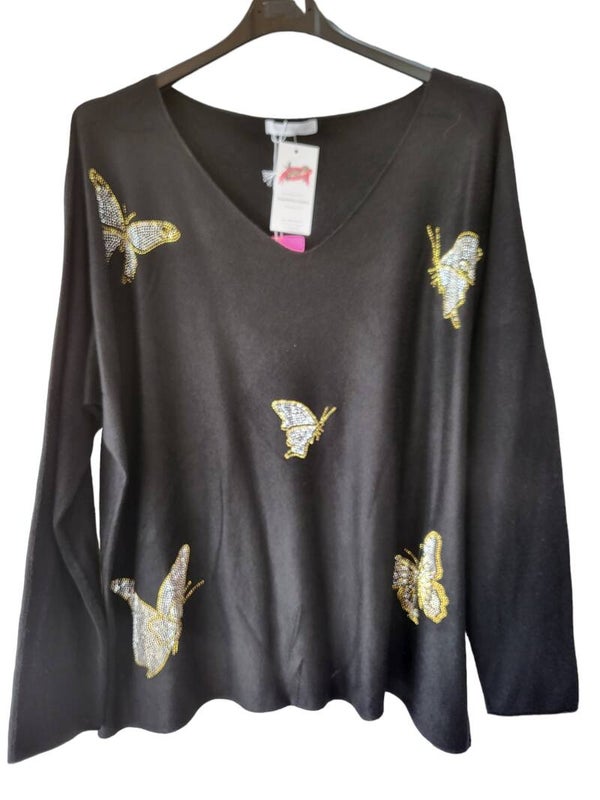 Pullover schwarz mit goldenen Schmetterlingen, Gr. 38 - 42/44, 2x verfügbar