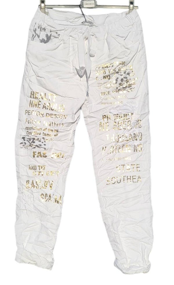 Stretchhose weiss "Schriftzug gold" ISSIMA, Gr. 38 - 42, 3x verfügbar