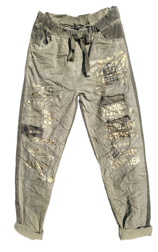 Stretchhose militärgrün "Schriftzug gold" ISSIMA, Gr. 38 - 42, 2x verfügbar
