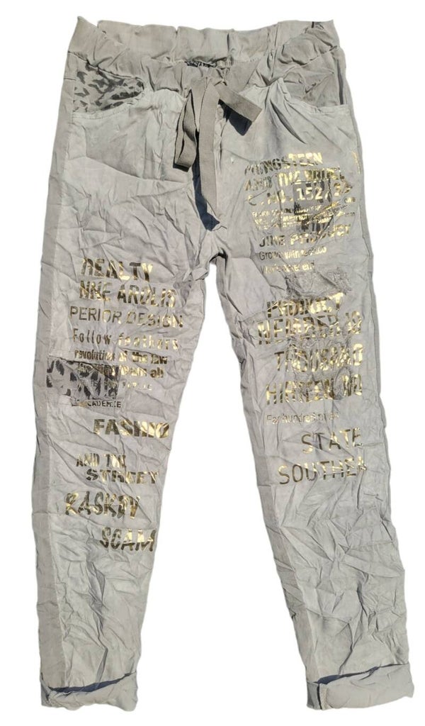 Stretchhose hellgrau "Schriftzug gold" ISSIMA, Gr. 38 - 42, 3x verfügbar