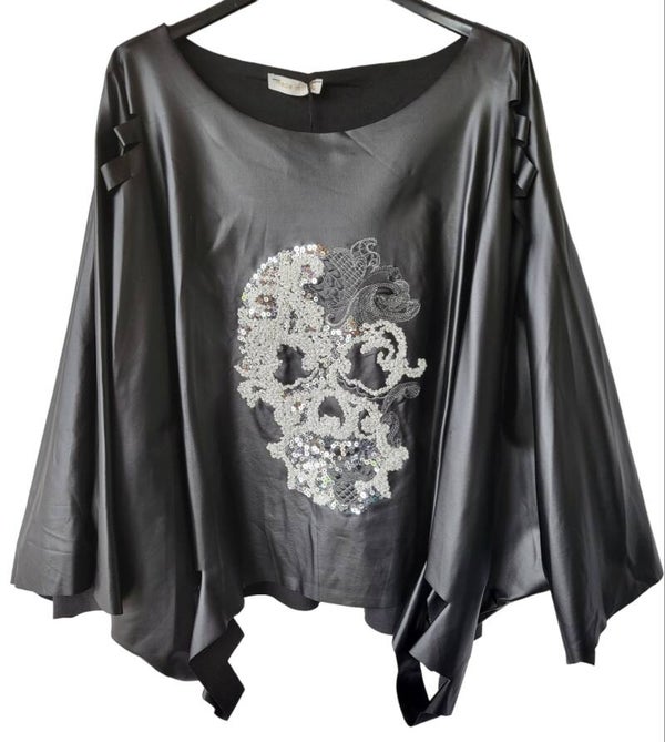 Kunstleder-Shirt schwarz "Totenkopf" (ISSIMA), Gr. Onesize (bis 44/46), 1x verfügbar