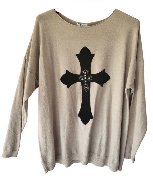 Pullover beige "Kreuz", Gr. 40 - 44, 1x verfügbar