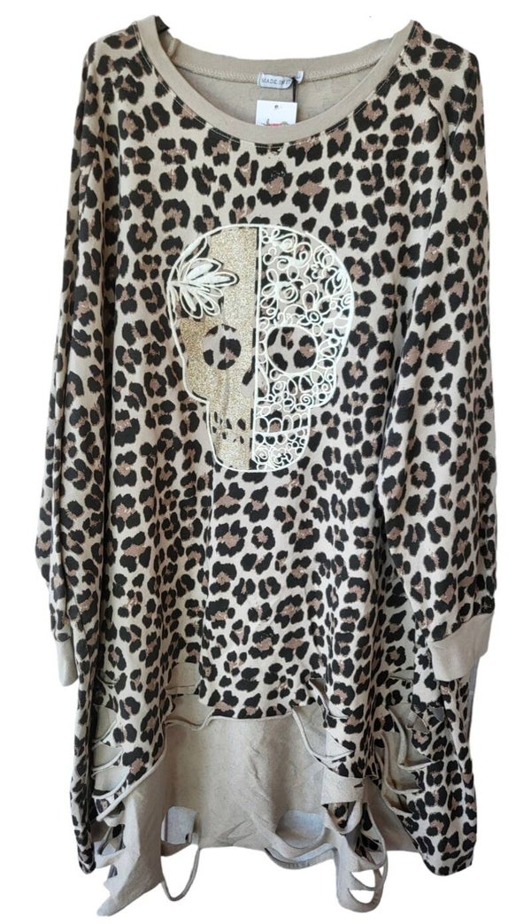 Longshirt beige grau "Skull", Gr. 42 - 46/48, 1x verfügbar
